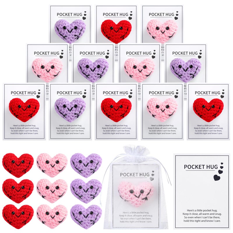 Daifunli 12 Pcs Handmade Cute Crocheted Pocket Hug Token Pink Red Purple Heart for Boyfriend Girlfriend Pocket Hug Heart Crochet Heart Gift - Image 1