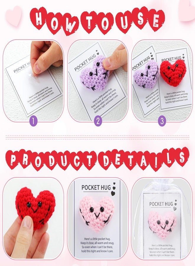 Daifunli 12 Pcs Handmade Cute Crocheted Pocket Hug Token Pink Red Purple Heart for Boyfriend Girlfriend Pocket Hug Heart Crochet Heart Gift - Image 3