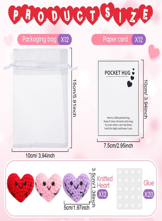 Daifunli 12 Pcs Handmade Cute Crocheted Pocket Hug Token Pink Red Purple Heart for Boyfriend Girlfriend Pocket Hug Heart Crochet Heart Gift - Image 2