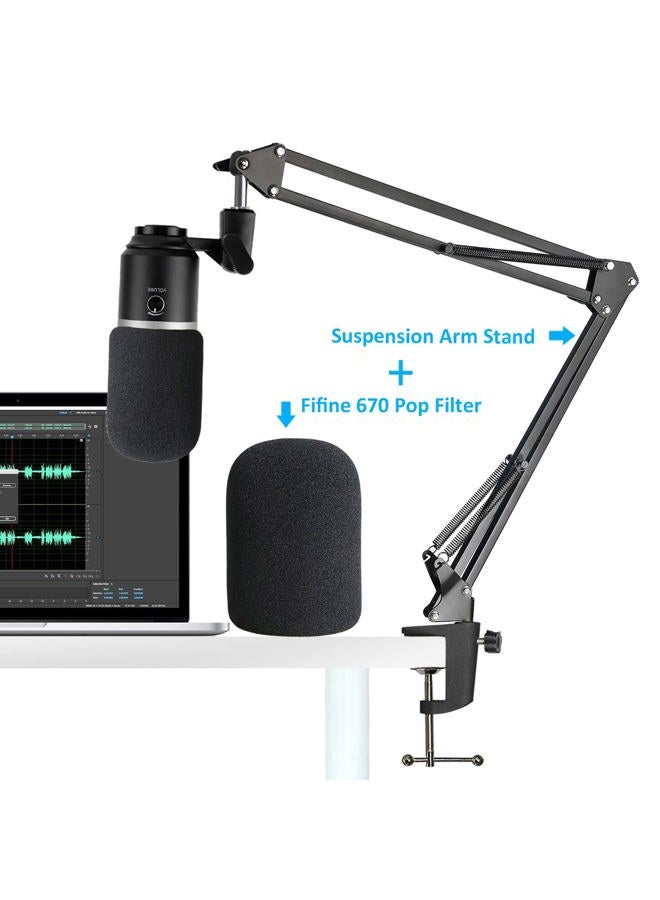 SUNMON K669B Mic Boom Arm with Foam Windscreen, Suspension Boom Scissor Arm Stand with Pop Filter Cover Compatible with Fifine K669B Microphone - Image 2