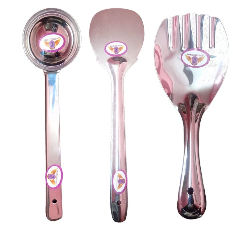 Jayam Traditional مجموعة ملاعق طهي وتقديم تقليدية من الفولاذ المقاوم للصدأ من جايام لـ 3 (مغرفة + ملعقة قلب + ملعقة أرز) - Image 1