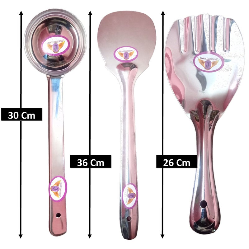 Jayam Traditional مجموعة ملاعق طهي وتقديم تقليدية من الفولاذ المقاوم للصدأ من جايام لـ 3 (مغرفة + ملعقة قلب + ملعقة أرز) - Image 2