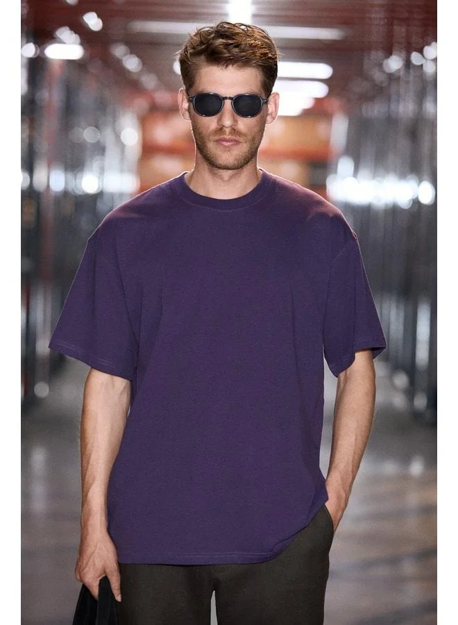 GRIMELANGE JETT Men's Oversize Fit 100% Organic Cotton Thick-Texture Bicycle Collar Dark Purple T-Shirt.