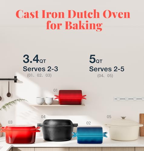 BIGFIT 2 IN 1 Cast Iron Bread Loaf Pan with Lid, 3.4QT 9x5 Inch Dutch Oven for Bread Baking, Even Heating Bread Oven, Enameled Bread Pan for Homemade Sourdough Bread Baking & Versatile Cooking, Red - Image 2