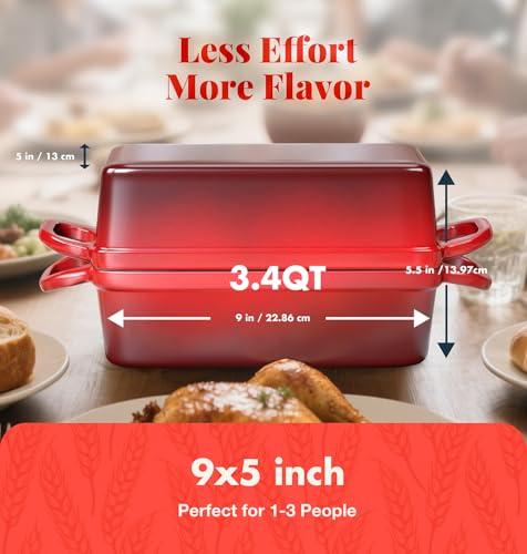 BIGFIT 2 IN 1 Cast Iron Bread Loaf Pan with Lid, 3.4QT 9x5 Inch Dutch Oven for Bread Baking, Even Heating Bread Oven, Enameled Bread Pan for Homemade Sourdough Bread Baking & Versatile Cooking, Red - Image 3