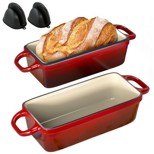BIGFIT 2 IN 1 Cast Iron Bread Loaf Pan with Lid, 3.4QT 9x5 Inch Dutch Oven for Bread Baking, Even Heating Bread Oven, Enameled Bread Pan for Homemade Sourdough Bread Baking & Versatile Cooking, Red - Image 1