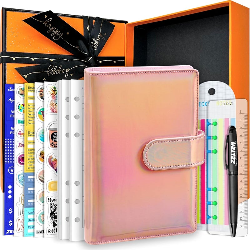 Zelten PU Leather Personal Notebook Planner with 80 Pages Loose-Leaf Papers 6 Holes Ring Binder Pen Holder Magnetic Buckle (Holographic Pink, A6 Gift Box) - Image 1
