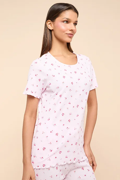 أر أند بي Printed Sleep Top With Round Neck and Short Sleeves