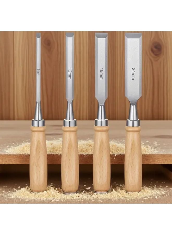 4pcs Woodworking Chisel Set 6mm 12mm 18mm 24mm Wood Handles Carpentry Carving Tools - Image 1