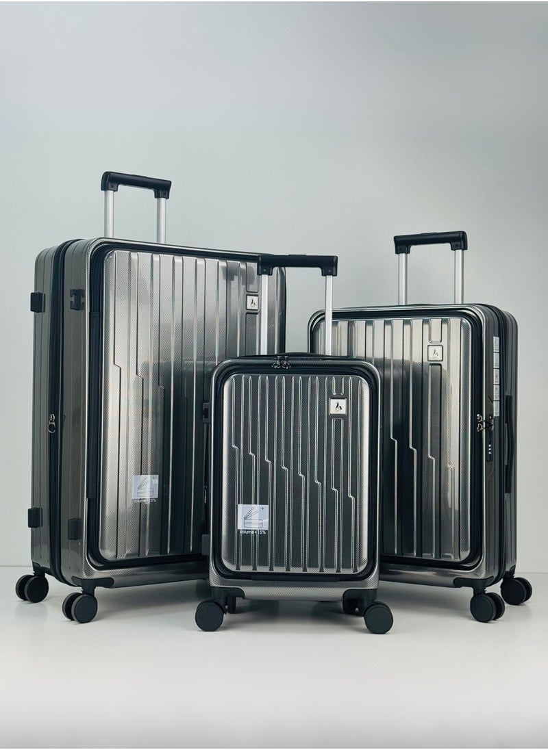 SAW & SEE Premium PC Unbreakable Front opening Hard Shell Luggage Set – 3-Piece Suitcase Set, Lightweight with Expandable upto 25 Percent Extra storage Trolley Bags with 4 double Spinner Wheels, TSA Approved Lock and Durable Travel Suitcases– 12 Kg, 23 Kg, 35 Kg - 20" / 24" / 28" – DARK GREY  - Image 1