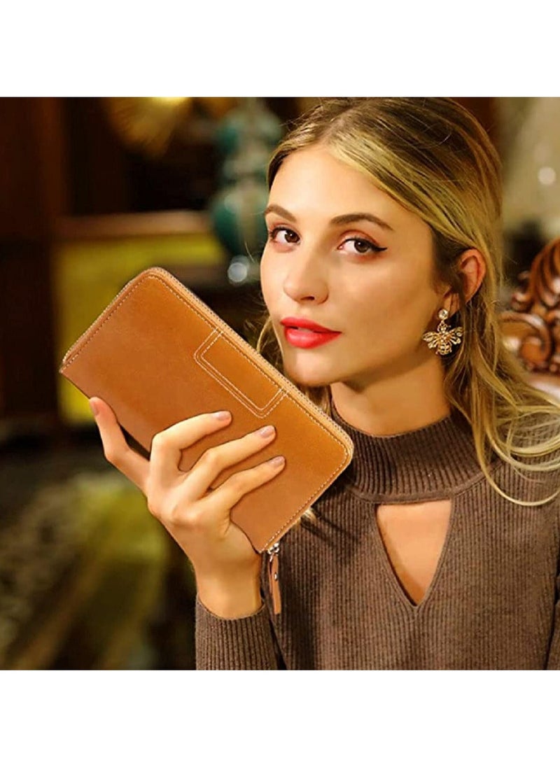 CONTACTS - Wristlet Leather Wallet for Women Anti-Theft Protection, Large Capacity Zipper Purse, Card Holder Organizer Beige - Image 1