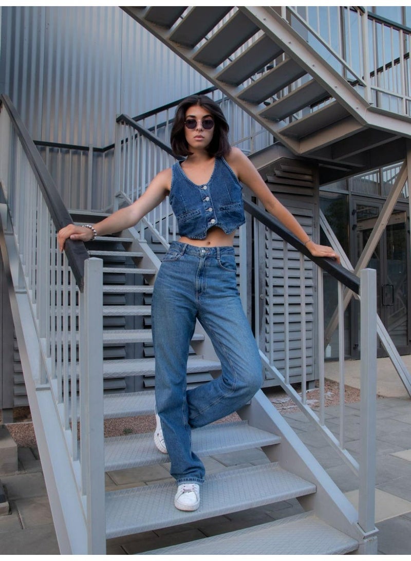 Women’s Cropped Denim Vest Top – Sleeveless Button-Up Jeans Vest with Vintage Inspired Slim Fit Casual Streetwear Design - Image 1