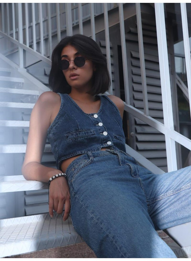 Women’s Cropped Denim Vest Top – Sleeveless Button-Up Jeans Vest with Vintage Inspired Slim Fit Casual Streetwear Design - Image 2
