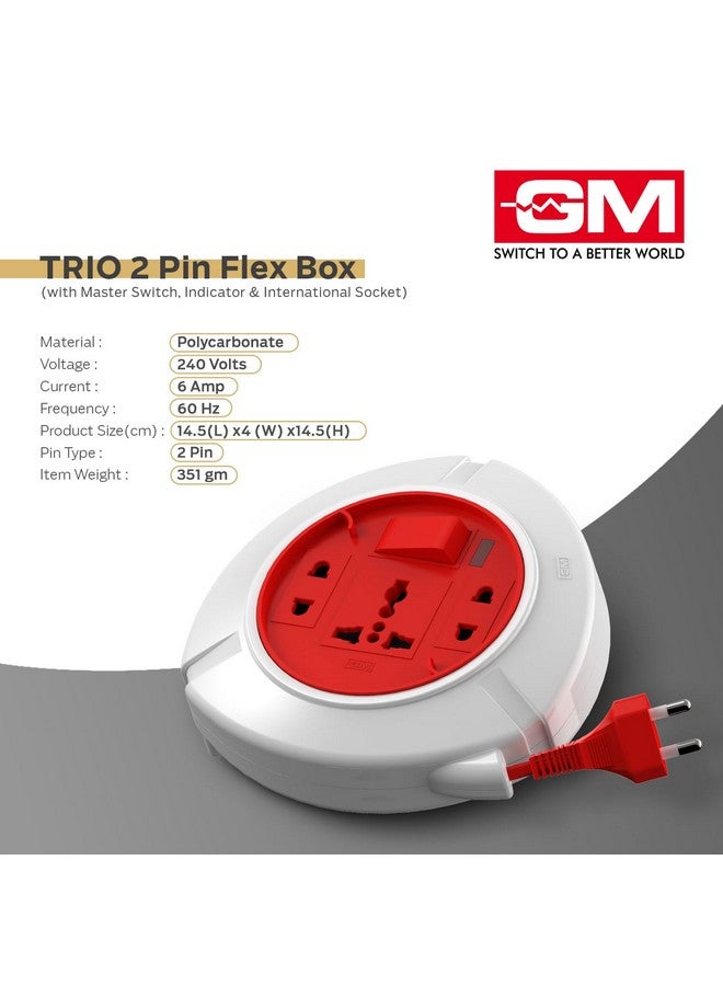 GM 3041 Trio 2 Pin Flex Box with 5 Mtr. Copper Wire Extension Cord | Universal 3 Pin & 2 Pin International Socket | Master Switch & Indicator | Power Strip for Home & Office - Image 4