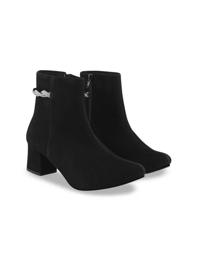 شوتوبيا Shoetopia Women's  Suede Ankle Boots with Block Heel and Rhinestone Knot Detail||Side Zip Fashion Booties for Fall & Winter
