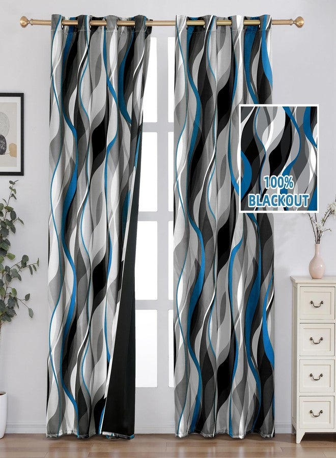 weesire Blue and Grey Blackout Curtains Modern Striped Decorative 100% Light Blocking Darkening Grommet Blue Curtain for Living Room Villa, Bedroom Gray and Blue 2 Panels Set, 52x84 Inches - Image 2