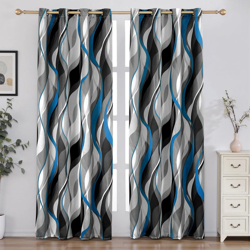 weesire Blue and Grey Blackout Curtains Modern Striped Decorative 100% Light Blocking Darkening Grommet Blue Curtain for Living Room Villa, Bedroom Gray and Blue 2 Panels Set, 52x84 Inches - Image 1