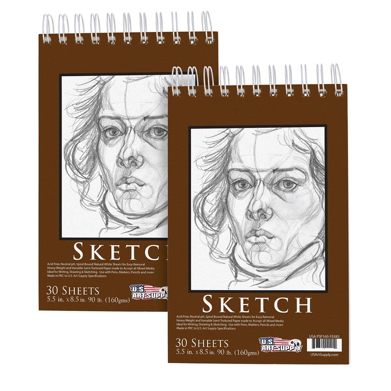 US Art Supply 55x85 Premium HeavyWeight Paper Spiral Bound Sketch Book 90 Pound 160gsm 30Sheet Drawing Pad 2 Pack