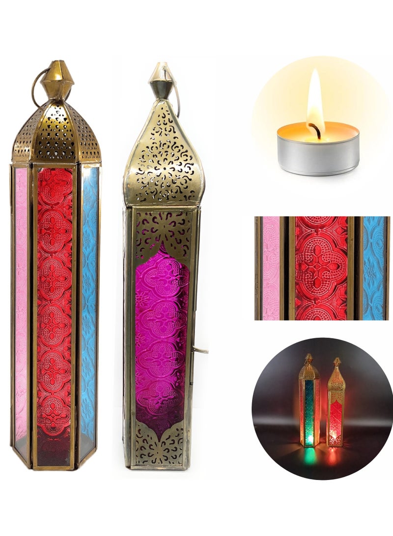 سوق ديزاينز فانوس رمضان - فوانيس شموع معدنية للديكور، حامل شموع عربي كبير وصغير، مجموعة فوانيس للداخل والخارج، ديكورات رمضان وديوالي، شرفة وطاولة (مجموعة من قطعتين) - Image 1