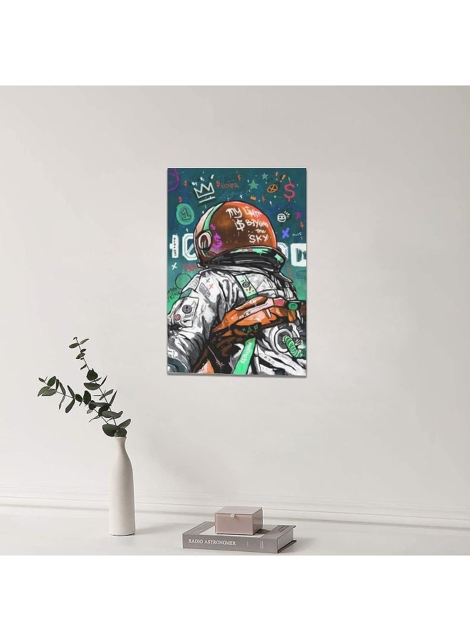 exroozy Space Wall Art Banksy Astronaut Pictures Wall Decor Street Graffiti Painting Art Funny Pop Prints Abstract Colorful Spaceman Framed Artwork for Bedroom Living Room Office Ready to Hang 16"x24" - Image 2