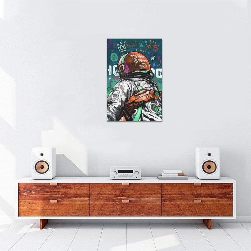exroozy Space Wall Art Banksy Astronaut Pictures Wall Decor Street Graffiti Painting Art Funny Pop Prints Abstract Colorful Spaceman Framed Artwork for Bedroom Living Room Office Ready to Hang 16"x24" - Image 3