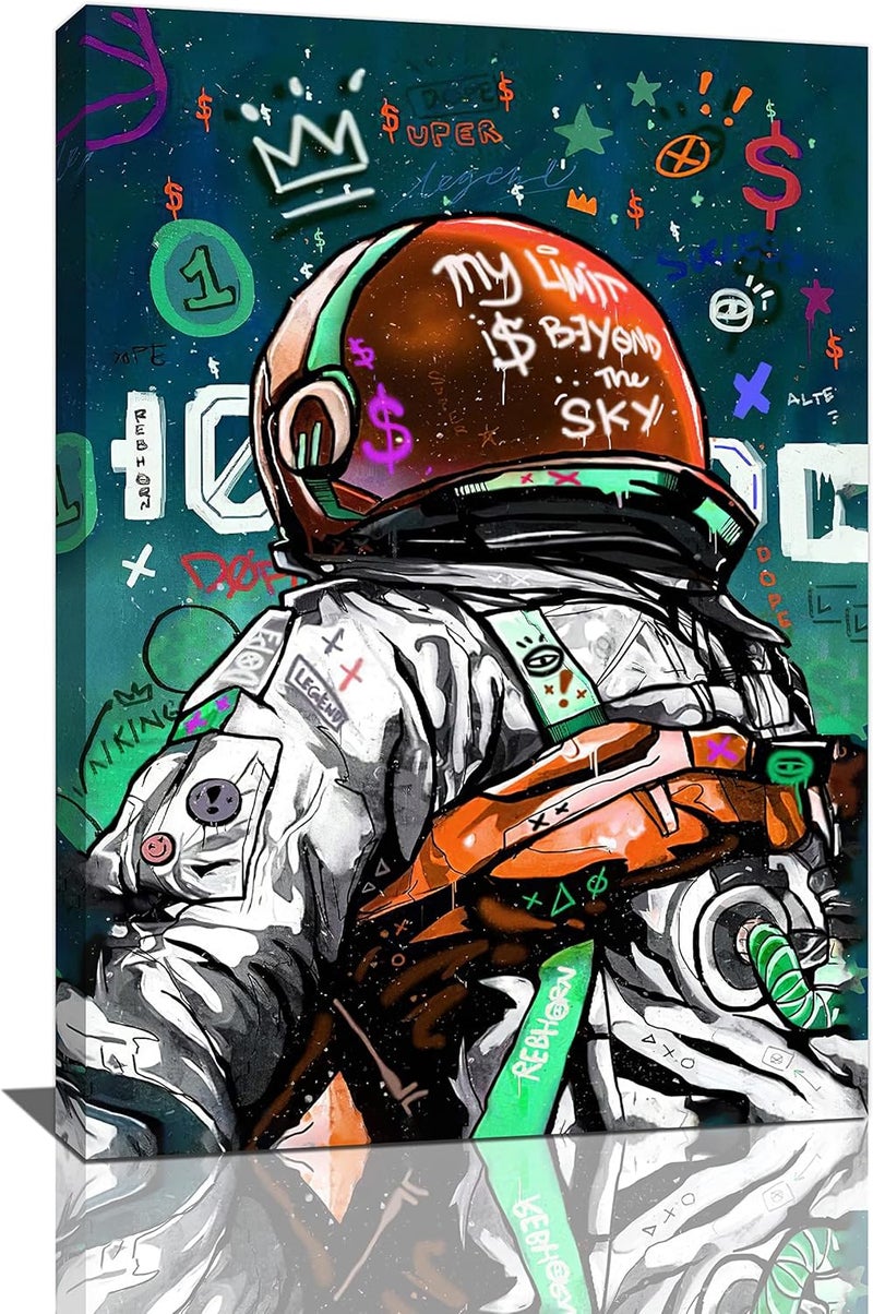 exroozy Space Wall Art Banksy Astronaut Pictures Wall Decor Street Graffiti Painting Art Funny Pop Prints Abstract Colorful Spaceman Framed Artwork for Bedroom Living Room Office Ready to Hang 16"x24" - Image 1