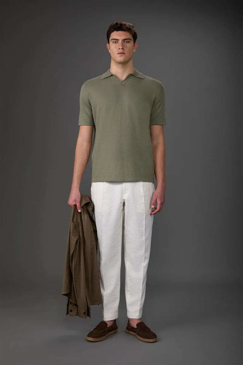 Men's 100% cotton crepe short-sleeved knitted polo shirt with derby collar - Sage Green
