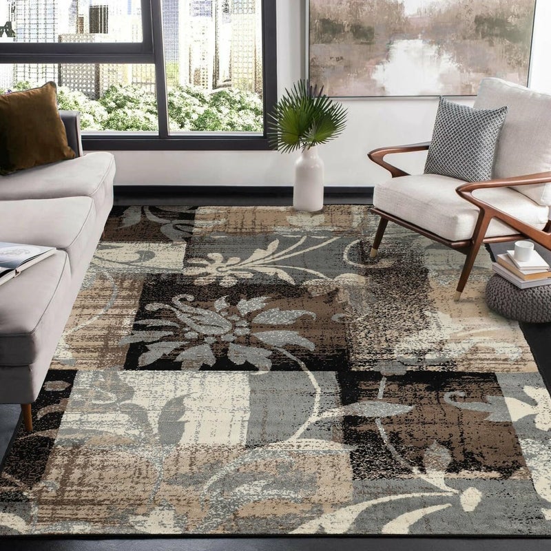Superior Indoor Area Rug Jute Backed Perfect for Office LivingDining Room Bedroom Kitchen Hallway Entryway Floor Modern Floral Patchwork Decor Pastiche Collection 4 x 6 Beige