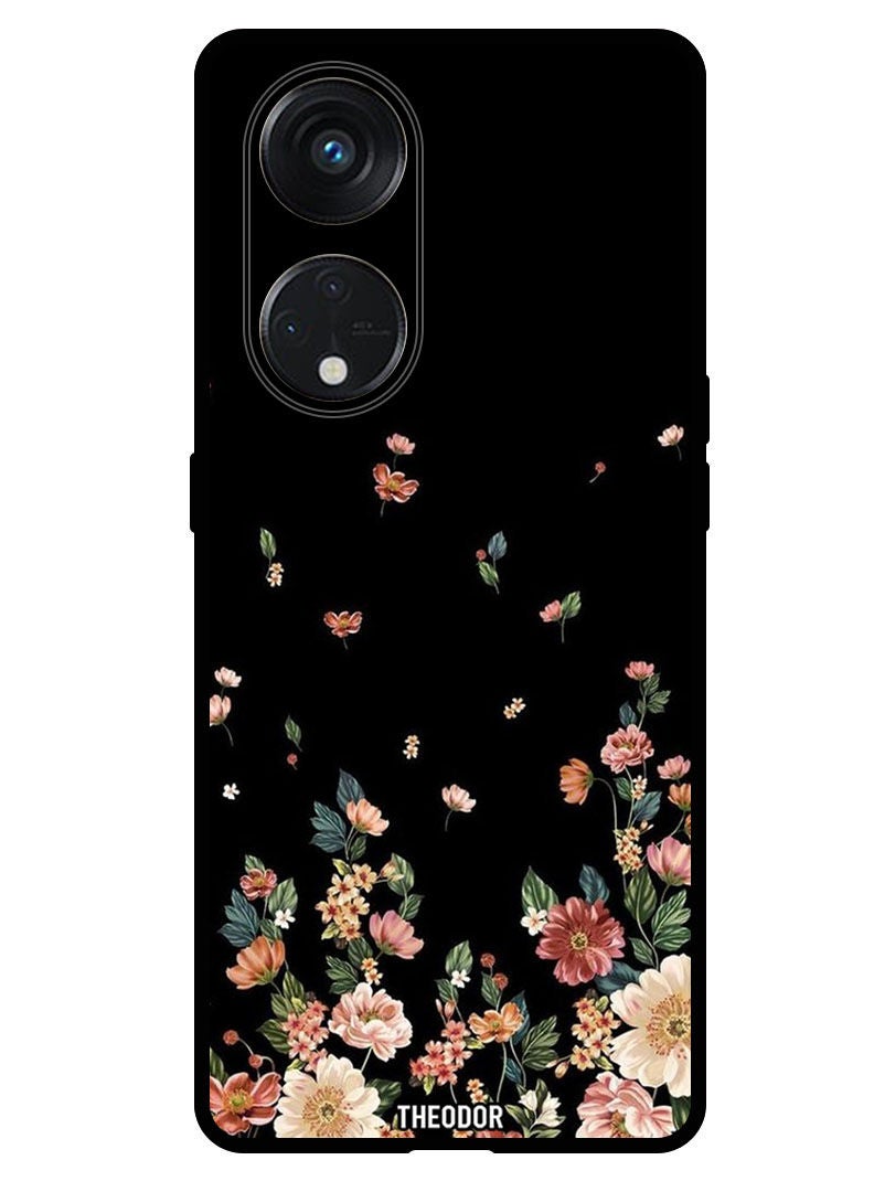 Theodor Protective Case Anti Scratch Shock Proof Bumper Cover For Oppo Reno 8T 5G Flowers in Black Background - Image 1