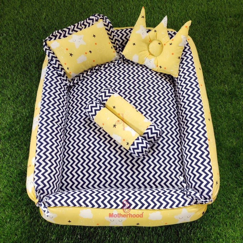 MOTHERHOOD MOTHERHOOD Box Baby Tub Bed and 4 pc Baby Pillow Luxury Baby Mattress Bed Sleeper Bedding Set coSleeper Safe Cotton Fabric with RFilled UltraSoft Comfortable for Newborn to Toddlers Yellow - Image 1