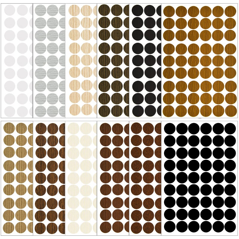 Tenare 648 Pieces Adhesive Screw Hole Cover Stickers Wood Grain Furniture Stickers 12 Colors Waterproof Screw PVC Cover Caps for Wall Cabinets Desk Repairing(Classic Style) - Image 2