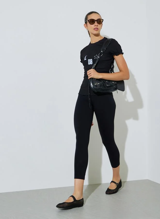 Styli Black Ribbed Graphic Cuffed Short Sleeves T-Shirt
