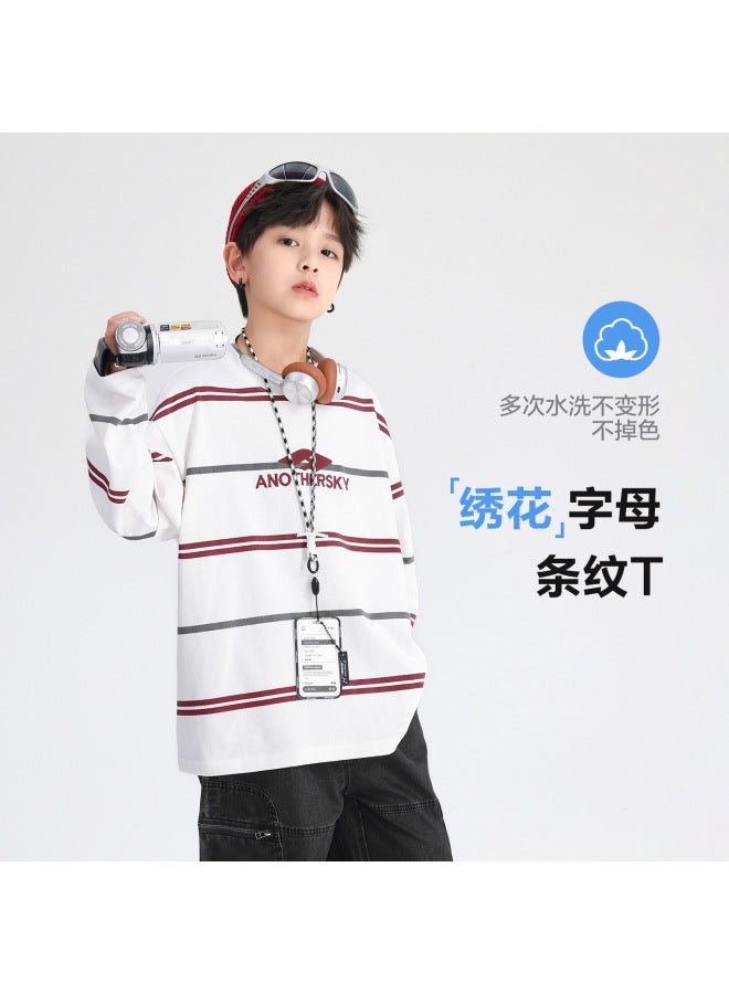 Boys' Winter Sports Striped Long-sleeved White T-shirt  New Style Kidsren's Boys' Preppy Style Pure Cotton Bottoming Top