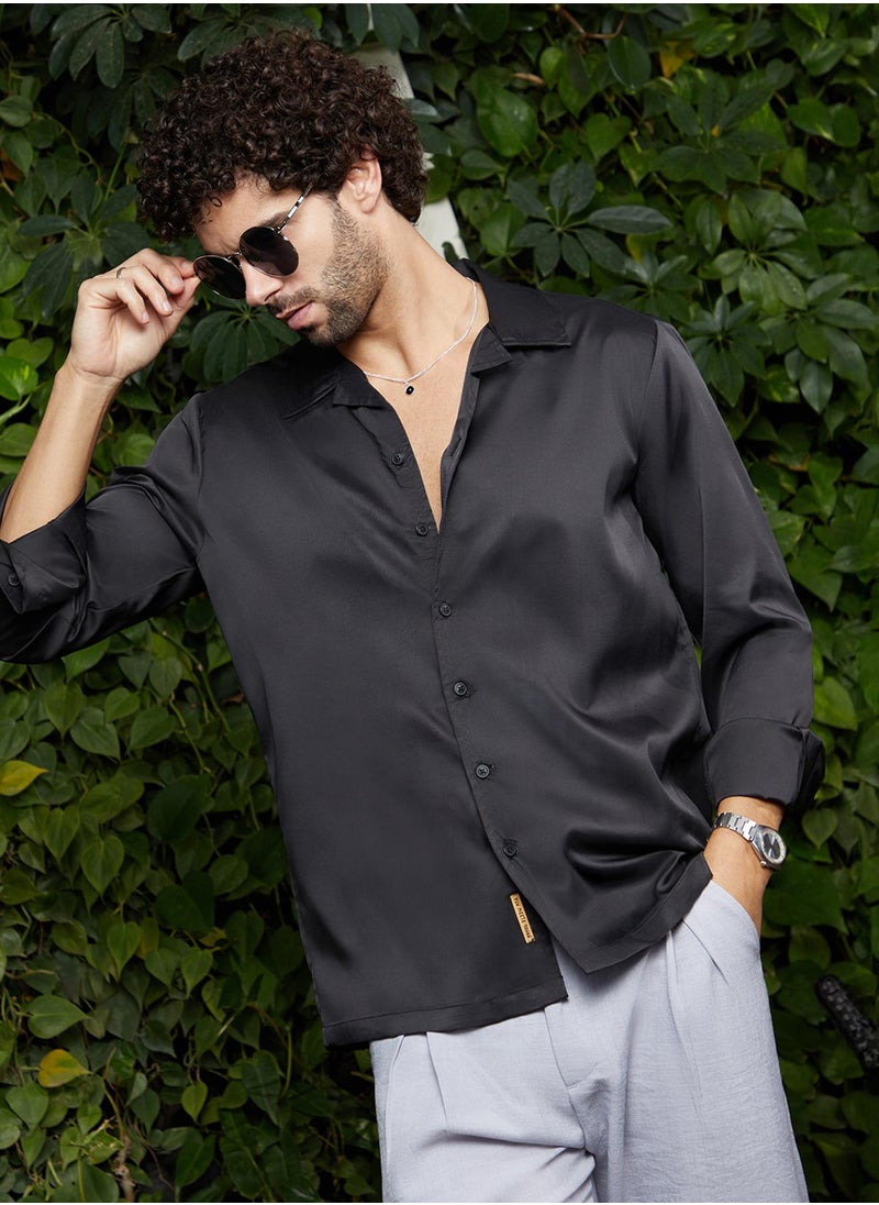 Campus Sutra Men's Onyx Black Solid Cuban Shirt  - Image 1