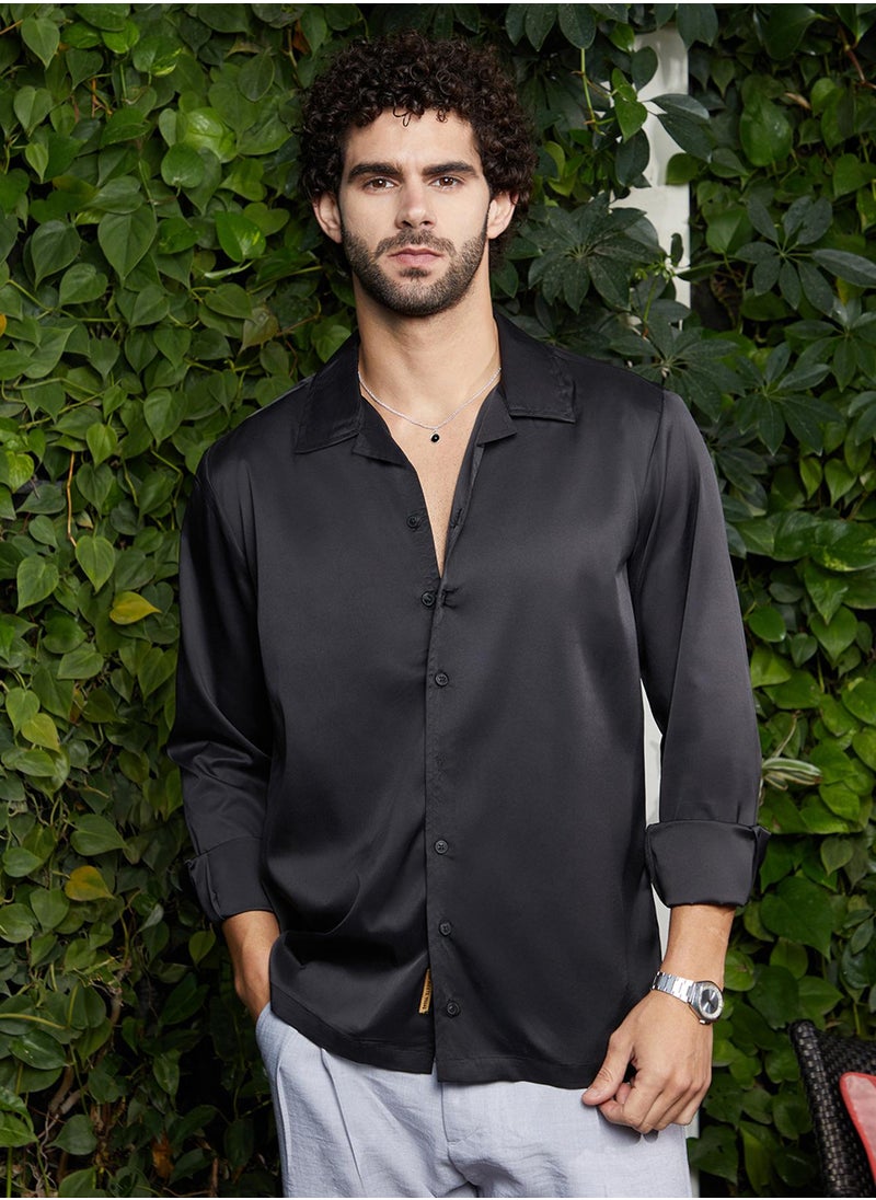 Campus Sutra Men's Onyx Black Solid Cuban Shirt  - Image 2