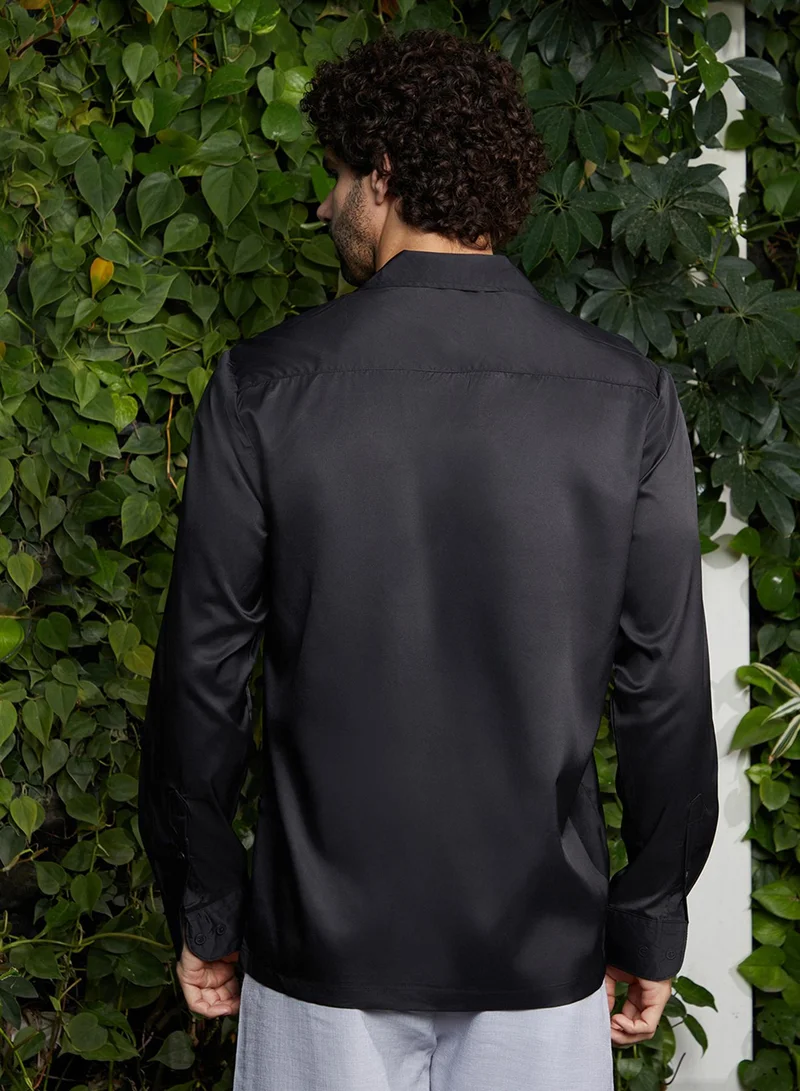 Campus Sutra Men's Onyx Black Solid Cuban Shirt