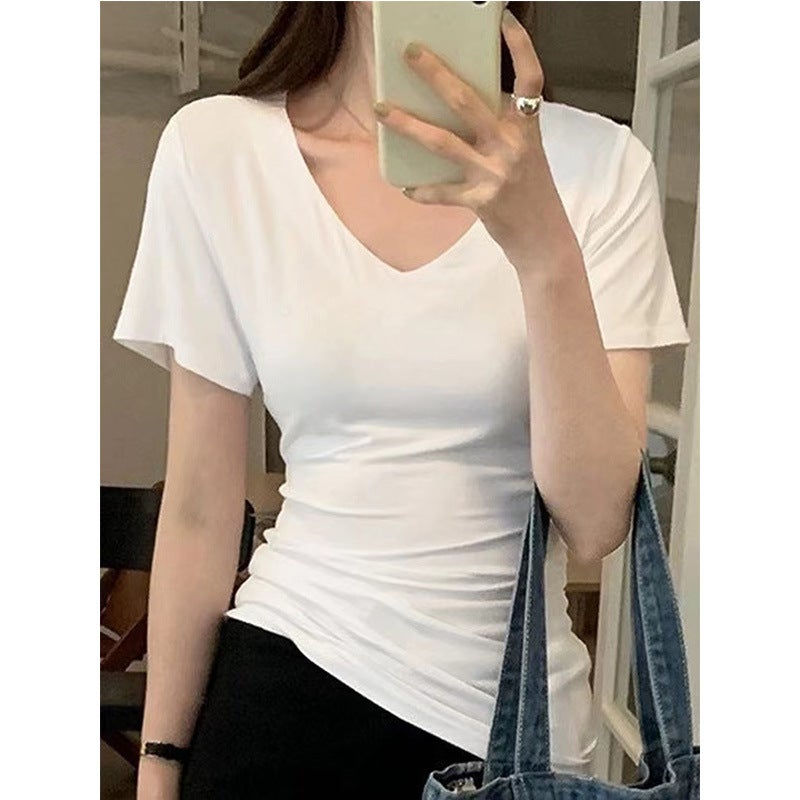 Korean Style U-Neck Waist Slimming T-Shirt 2024 Fashion Chic Pure All-Match Casual Short Sleeve Top - Image 5