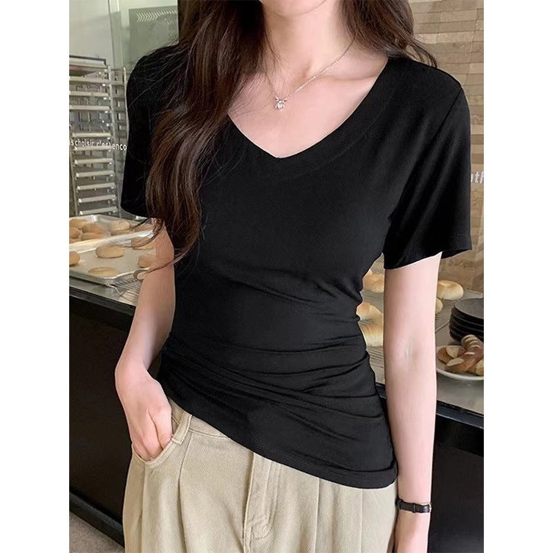 Korean Style U-Neck Waist Slimming T-Shirt 2024 Fashion Chic Pure All-Match Casual Short Sleeve Top - Image 2