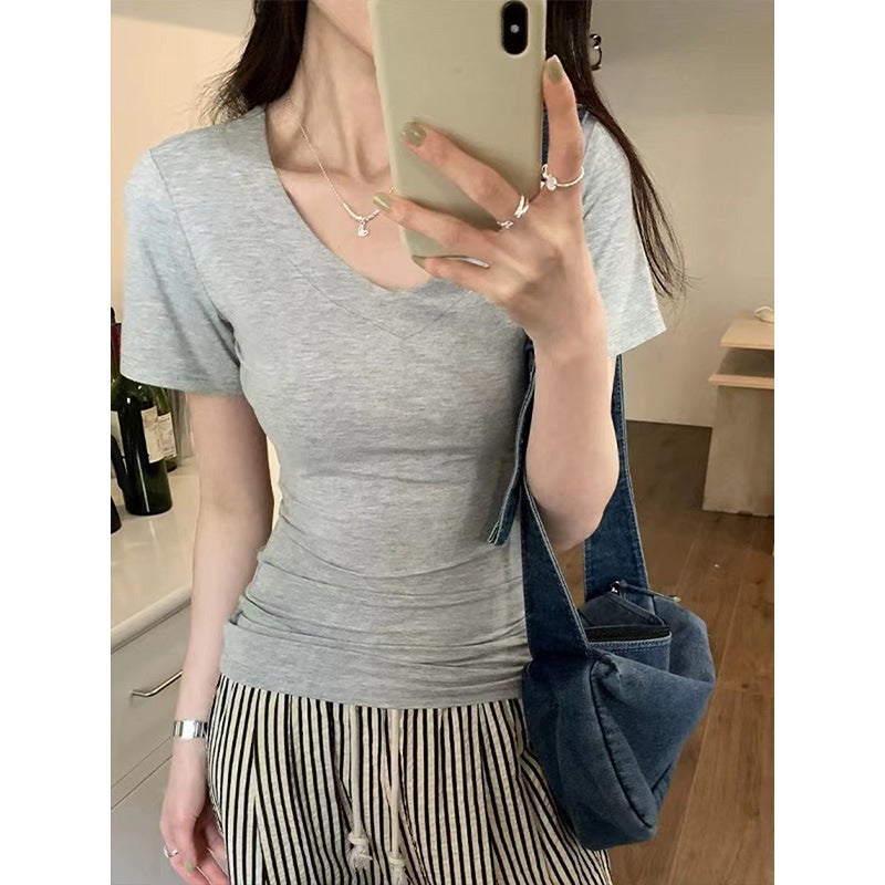 Korean Style U-Neck Waist Slimming T-Shirt 2024 Fashion Chic Pure All-Match Casual Short Sleeve Top - Image 4
