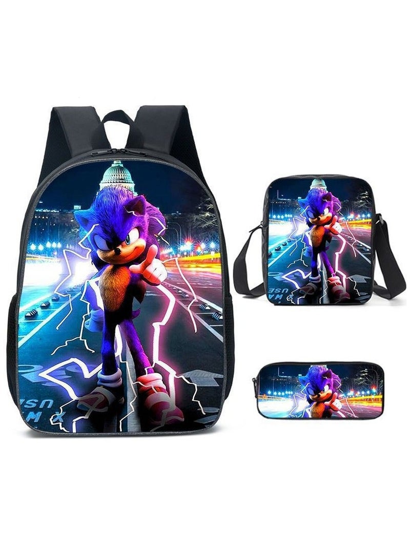 Sonic student large capacity backpack three piece set, anime cartoon backpack, shoulder bag pen bag