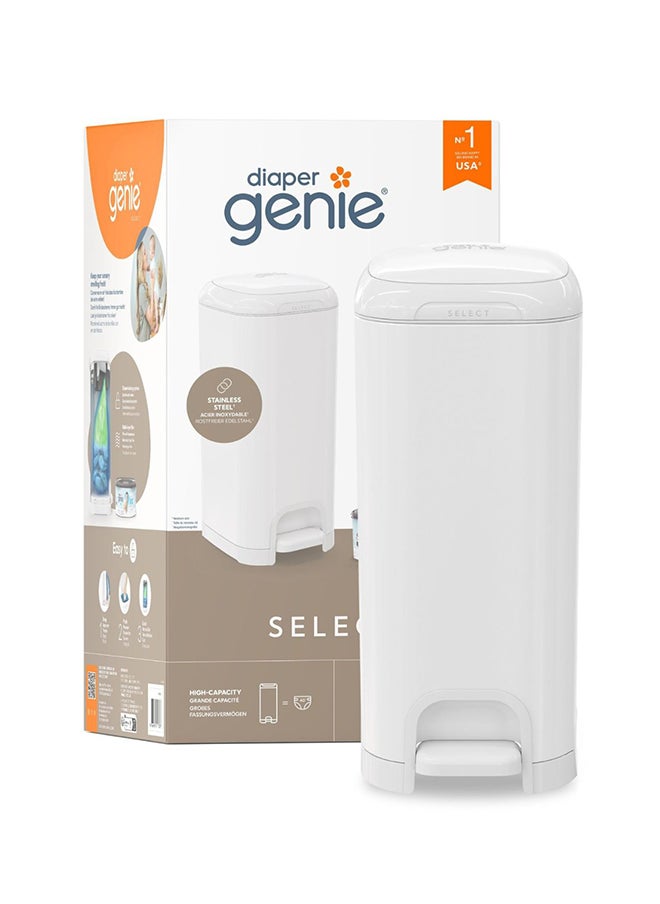 Diaper Genie Select Odor Lock Stainless Steel Diaper Pail White | Hands-Free Step Pedal | Odor Control | Large Capacity Baby Nappy Trash Bin  - Image 1