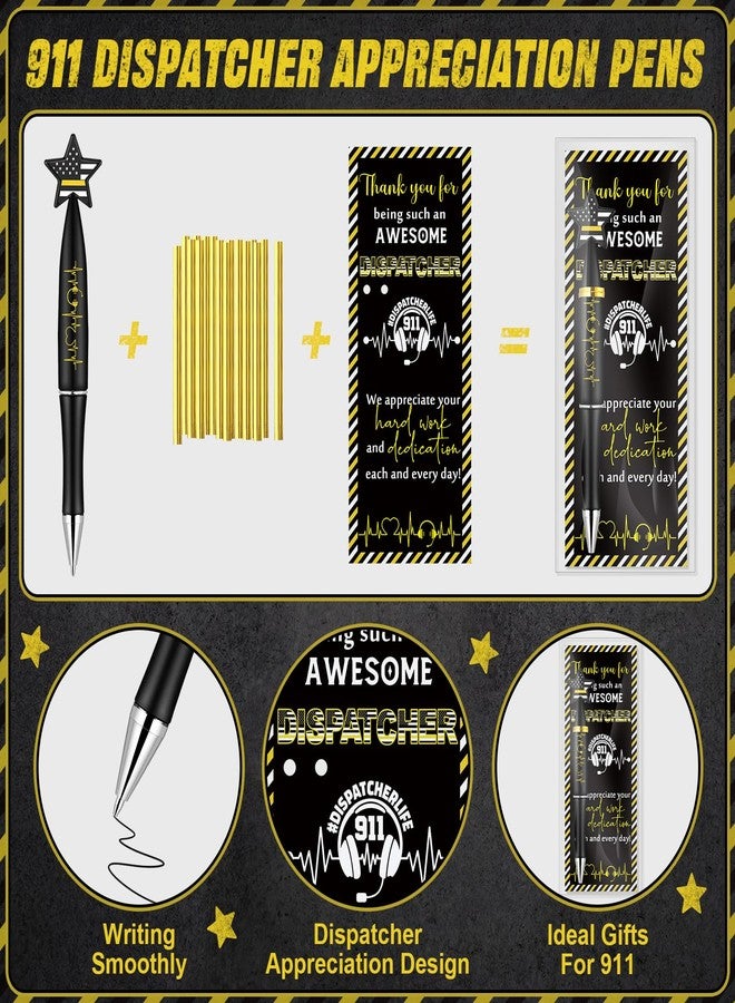 Tosstuki 30 Sets 911 Dispatcher Telecommunicator Week Gifts Black Ballpoint Pens with Us Flag Topper Positive Dispatcher Thank You Card Emergency Responder Gifts for Npstw Office Team Staff(Star) - Image 3