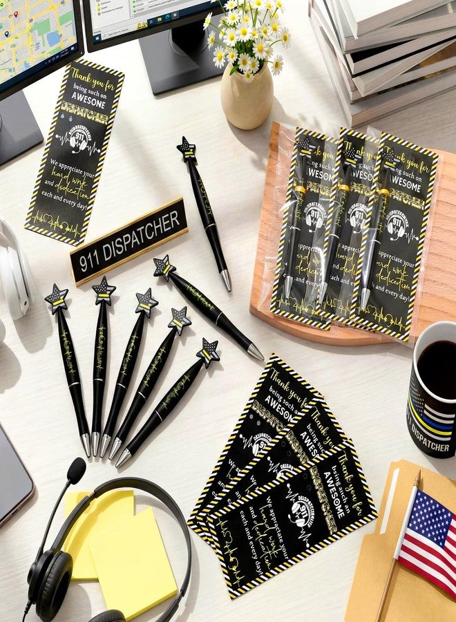 Tosstuki 30 Sets 911 Dispatcher Telecommunicator Week Gifts Black Ballpoint Pens with Us Flag Topper Positive Dispatcher Thank You Card Emergency Responder Gifts for Npstw Office Team Staff(Star) - Image 4