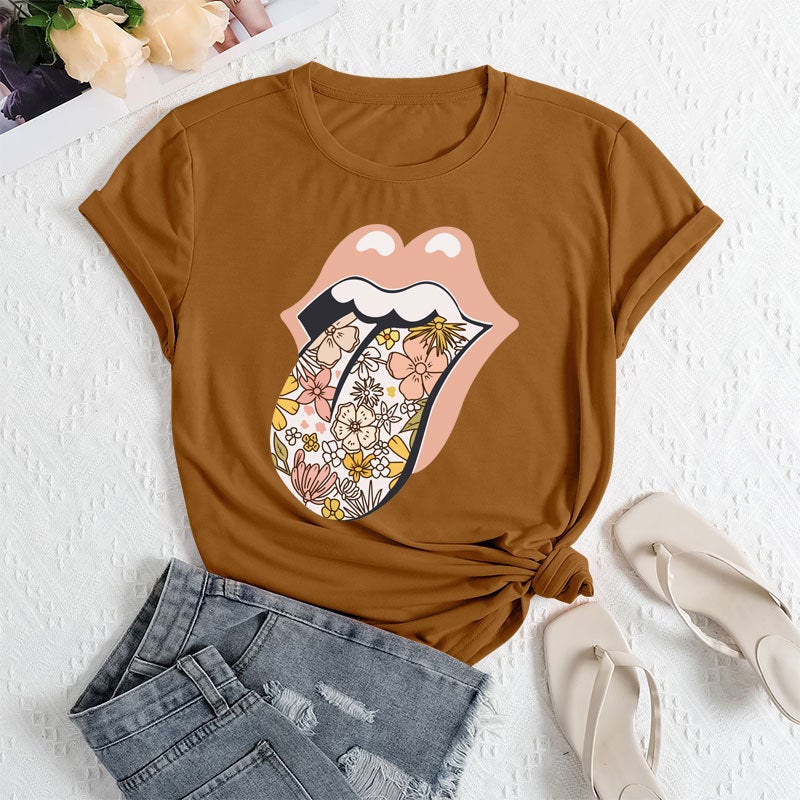 2025 Foreign Trade Womens Independent Station Temu Clothing Cross-border E-commerce ebay Amazon Lickitone Printed Polyester Ammonia T-shirt Camel 