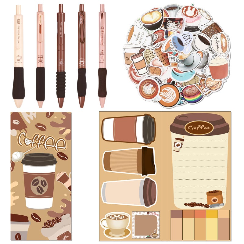 Dunzoom 56 Pieces Coffee Themed Gifts for Coffee Lovers Aesthetic Stationery Set Includes 5 Pcs Black Ink Pens 1 Pad Sticky Note 50 Pcs Stickers for Office School Supplies - Image 1