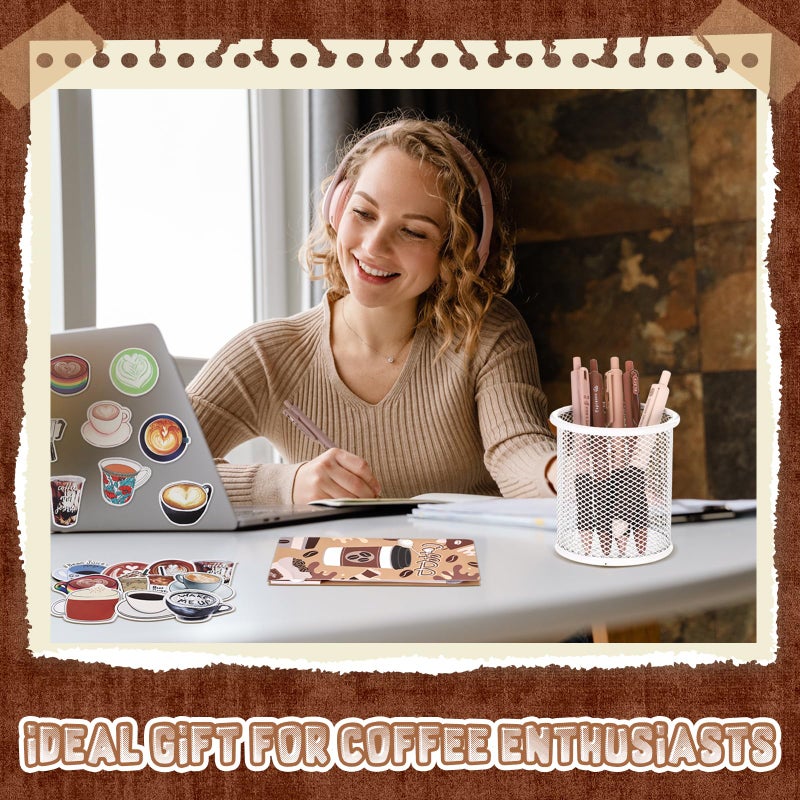 Dunzoom 56 Pieces Coffee Themed Gifts for Coffee Lovers Aesthetic Stationery Set Includes 5 Pcs Black Ink Pens 1 Pad Sticky Note 50 Pcs Stickers for Office School Supplies - Image 4