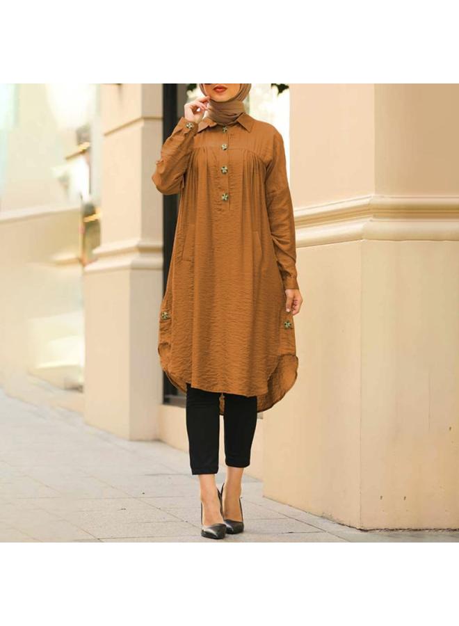 Muslim Quality 202 Summer Artistic National Style Retro Women's Cotton And Linen Pullover Stand Collar A- Line Dress