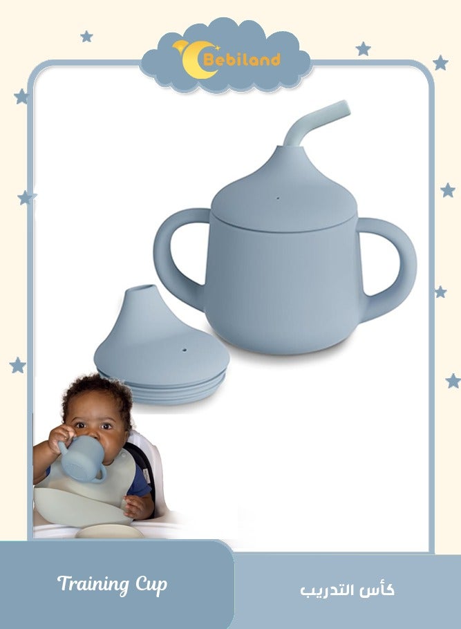 بيبي لاند اكواب سيليكون 3 في 1 للاطفال من | كوب تدريب من 3 مراحل للرضع والاطفال الصغار، 4 اونصة، ازرق، مع نوعين مختلفين من اغطية الاكواب (شكل منقار بطة وقشة - Image 1
