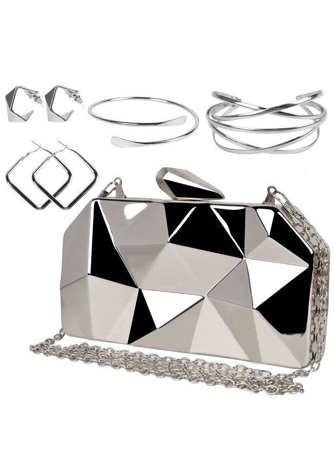 QZUnique Lattice Metal Handbag Geometric Evening Bag Abstract Stone Cut Chain Clutch Purse For Women Silvery - Image 1
