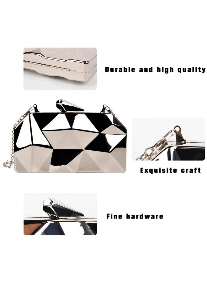 QZUnique Lattice Metal Handbag Geometric Evening Bag Abstract Stone Cut Chain Clutch Purse For Women Silvery - Image 5